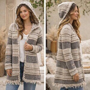 FYLO Textured Knit Hooded Cardigan Womens M Sweater Boho Cozy Cream Gray Hippie